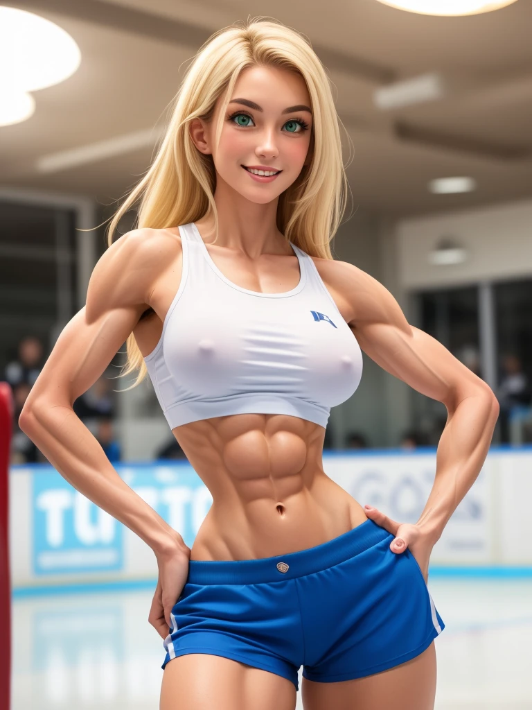 muscular, thick thighs, wide hips, huge perky ass, very tanned white skin, long white blonde hair, big green eyes, most beautiful 21yo American woman on earth, detailed face and eyes, looking at viewer, masterpiece, best quality, shallow depth of field, 8K HDR, huge breasts, 85mm photo, shallow depth of field, tack sharp, solo, 1girl, (face extremely close to camera, underboob:1.2), plump full lips, exaggerated hourglass physique, zero body fat, muscle definition, striations, broad shoulders, deltoids, tiny waist, long lean torso, shredded eight pack abs, obliques, real hands, extremely seductive smile, from front, ice hockey player, on the ice, cropped tank top, tiny shorts, from below