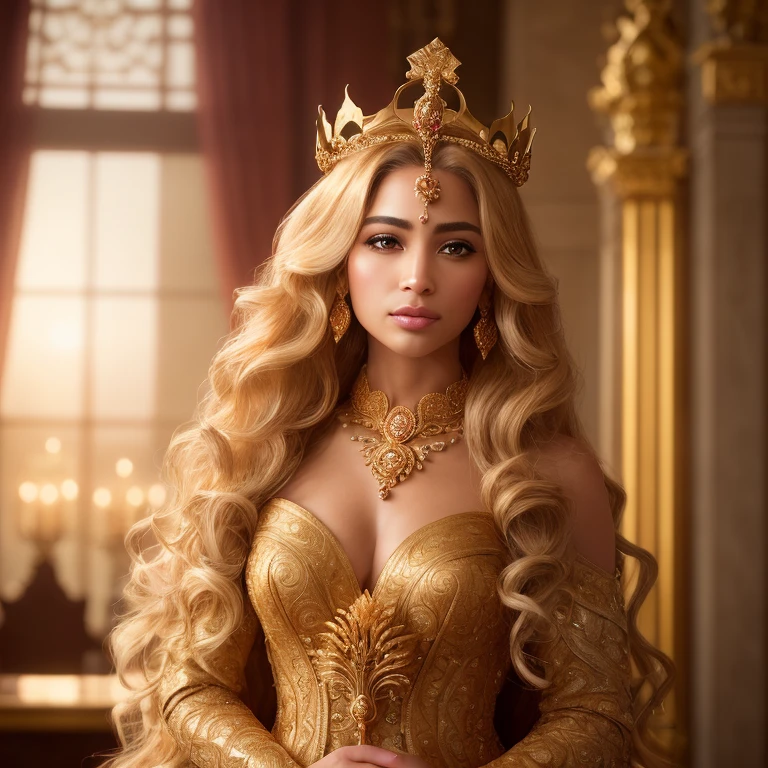 Beautiful queen, raw, Regal figure, (Long, curled golden hair:1.3), Detailed face:1.2, ((Gorgeous, intricate crown:1.3)), ((Detailed skin with a subtle glow:1.2)), ((Dramatic, lustrous robe:1.3)), Sitting on a throne, ((Majestic, grandiose setting:1.3)), ((Rich, opulent background:1.2)), By the window during sunset, (Engaging pose), Masterpiece, (Highest resolution:1.4), Ultra-detailed, Professional photography, Cinematic lighting, Dramatic lighting, Sharp focus, RAW