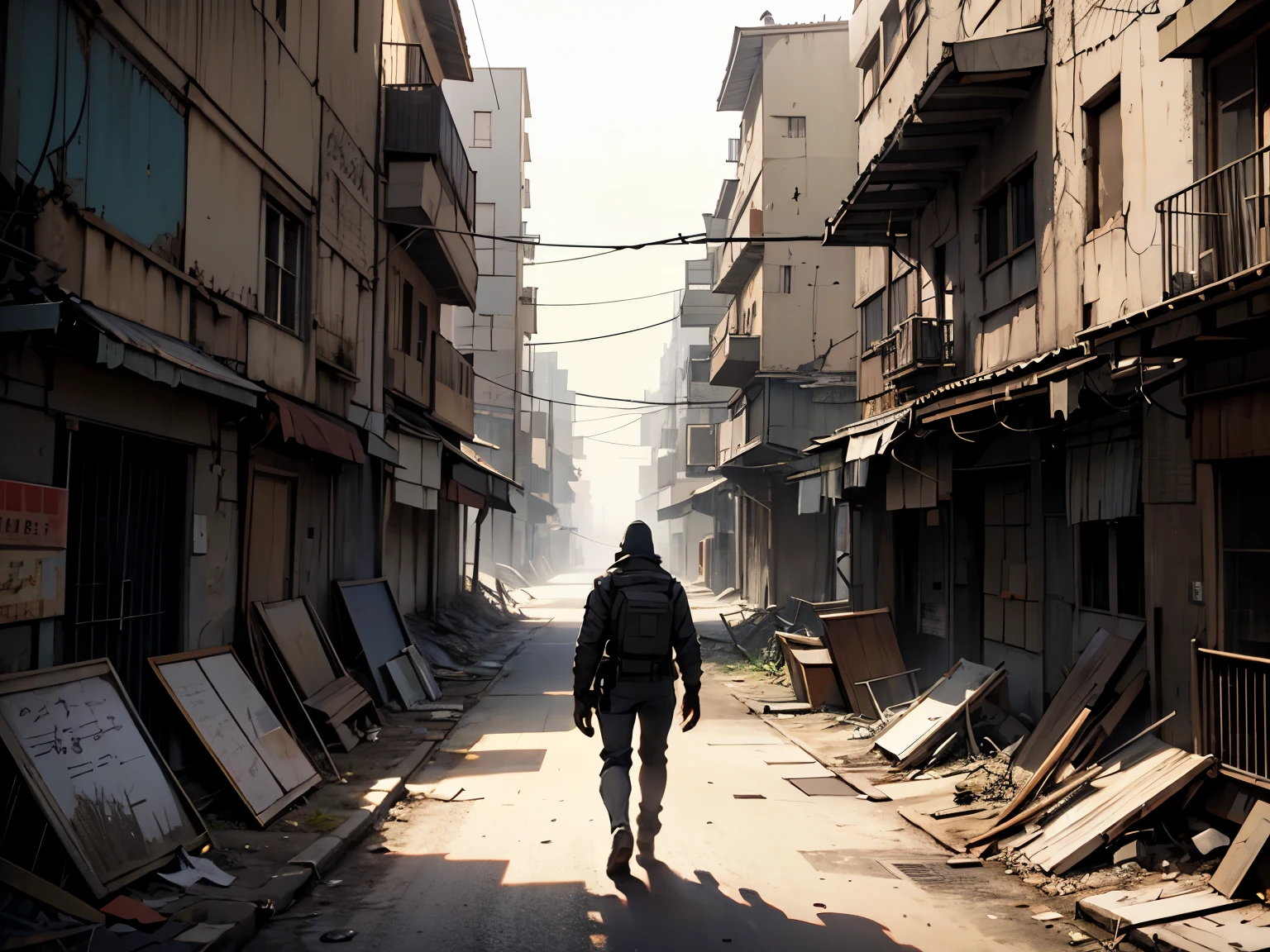 Man walking in a completely empty and deteriorated post-apocalyptic city vegetação