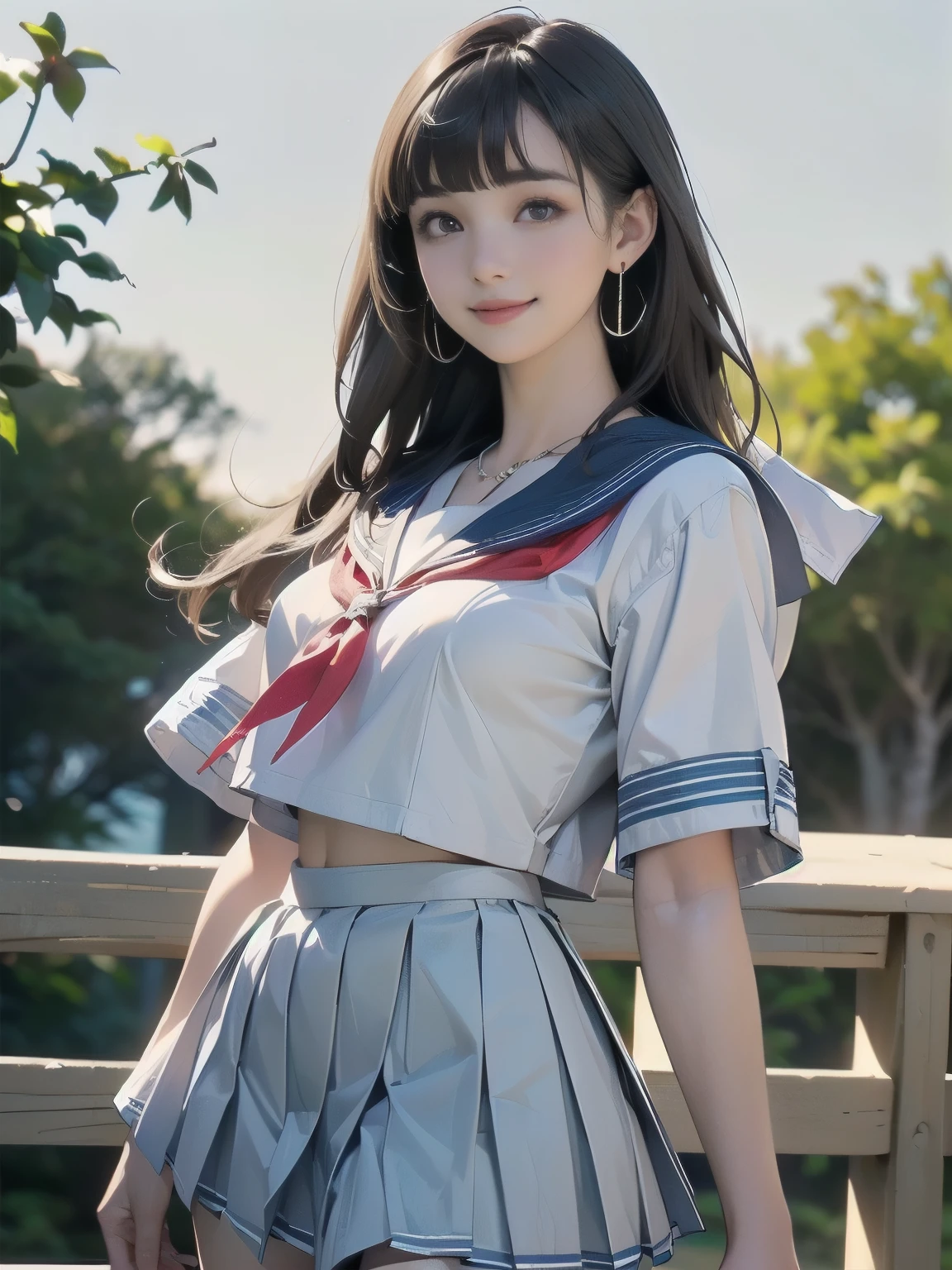 ((((highest quality))))、(((Ultra-precision CG16K wallpaper)))、(((masterpiece)))、(((Super detailed)))、(((super extreme details)))、((1Mature 24 year old woman:1.6))、((Very beautiful Japanese faces))、((Zuo々Ki Nozomi:1.3))、((straight semi-long hair、blunt bangs:1.5))、(Shiny brown hair)、beautiful delicate eyes、brown eyes、high nose、small nostrils、small mouth、seductive lips、beautiful breasts、((C cup size breasts))、cleavage、plump body、perfect proportions、perfect anatomy、perfect composition、beautiful detailed shading、beautiful natural lighting、beautiful detail glow、Depth of the bounds written、(((High chroma)))、(((real:1.9)))、((vivid:1.5))、((beautiful skin))、((skin texture))、((realな皮膚感))、(((cowboy shot:1.6)))、((Front view、Front low angle:1.5))、((shy smile:1.5))、(The woman is facing this way:1.5)、Bright daylight、Natural light、(((Outdoor park:1.5)))、(standing pose:1.5)、(((White wearing sailor uniform、Light blue pleated miniskirt clothing:1.6)))、((earrings、wearing necklace:1.3))、