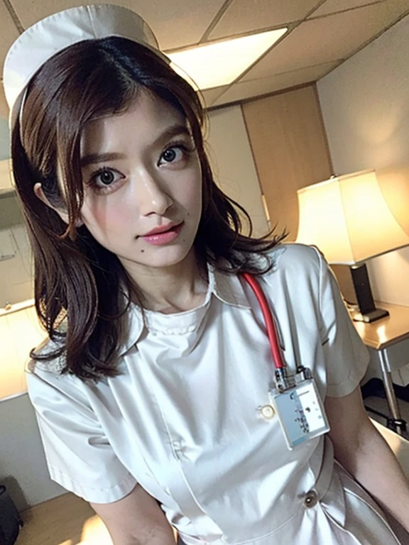 1 girl,(Wearing white nurse clothes:1.2),(Raw photo, highest quality), (realistic, photo-realistic:1.4), masterpiece, very delicate and beautiful, very detailed, 2k wallpaper, wonderful, finely, very detailed CG unity 8k wallpaper, Super detailed, High resolution, soft light, beautiful detailed girl, very detailed eyes and face, beautifully detailed nose, finely beautiful eyes, nurse, perfect anatomy, black hair, up style, nurse uniform, ((nurse cap)), long skirt, nurse, white costume, thin, hospital, clear, White uniform, hospital room, Neck auscultation,