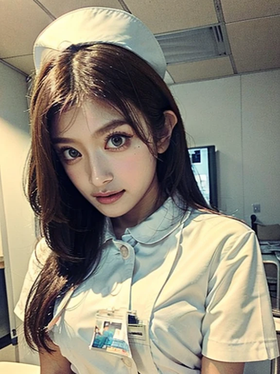 1 girl,(Wearing white nurse clothes:1.2),(Raw photo, highest quality), (realistic, photo-realistic:1.4), masterpiece, very delicate and beautiful, very detailed, 2k wallpaper, wonderful, finely, very detailed CG unity 8k wallpaper, Super detailed, High resolution, soft light, beautiful detailed girl, very detailed eyes and face, beautifully detailed nose, finely beautiful eyes, nurse, perfect anatomy, black hair, up style, nurse uniform, ((nurse cap)), long skirt, nurse, white costume, thin, hospital, clear, White uniform, hospital room, Neck auscultation,