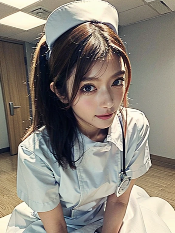 1 girl,(Wearing white nurse clothes:1.2),(Raw photo, highest quality), (realistic, photo-realistic:1.4), masterpiece, very delicate and beautiful, very detailed, 2k wallpaper, wonderful, finely, very detailed CG unity 8k wallpaper, Super detailed, High resolution, soft light, beautiful detailed girl, very detailed eyes and face, beautifully detailed nose, finely beautiful eyes, nurse, perfect anatomy, black hair, up style, nurse uniform, ((nurse cap)), long skirt, nurse, white costume, thin, hospital, clear, White uniform, hospital room, Neck auscultation,