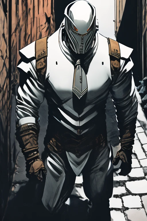 Warforged in a white shirt with rolled up sleeves and a blue tie leaning against a wall in an alley.