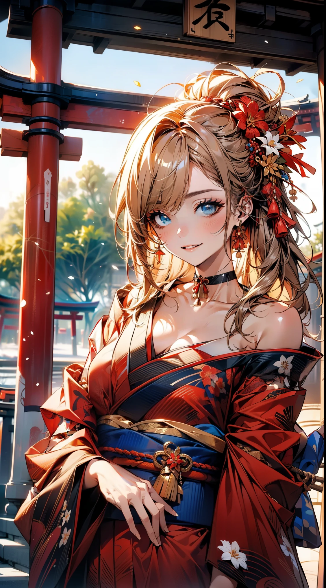 ((Light brown long hair:1.9, wavy hair:1.6, asymmetrical hair:1.8, half up hair)), (shining blue eyes:1.4)beautiful, beautiful woman, perfect anatomy, perfect body, perfect breasts, ((kimono:1.8, choker:1.6)), ((Japan gardens in winter:1.98, torii)), captivating gaze, slight smile, realism, masterpiece, rough skin , Super detailed, high detail, high quality, 最high quality, 1080p, 16k 