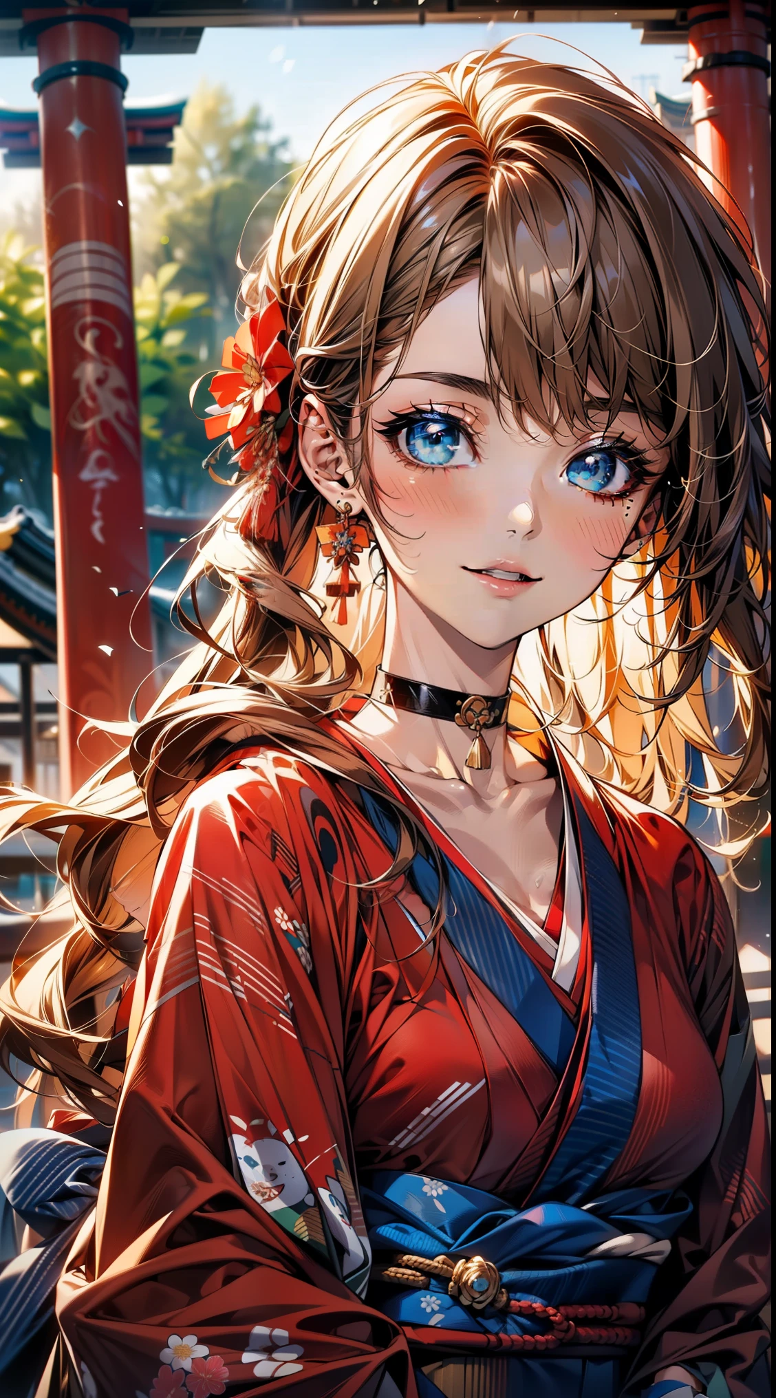 ((Light brown long hair:1.9, wavy hair:1.6, asymmetrical hair:1.8, half up hair)), (shining blue eyes:1.4)beautiful, beautiful woman, perfect anatomy, perfect body, perfect breasts, ((kimono:1.8, choker:1.6)), ((Japan gardens in winter:1.98, torii)), captivating gaze, slight smile, realism, masterpiece, rough skin , Super detailed, high detail, high quality, 最high quality, 1080p, 16k