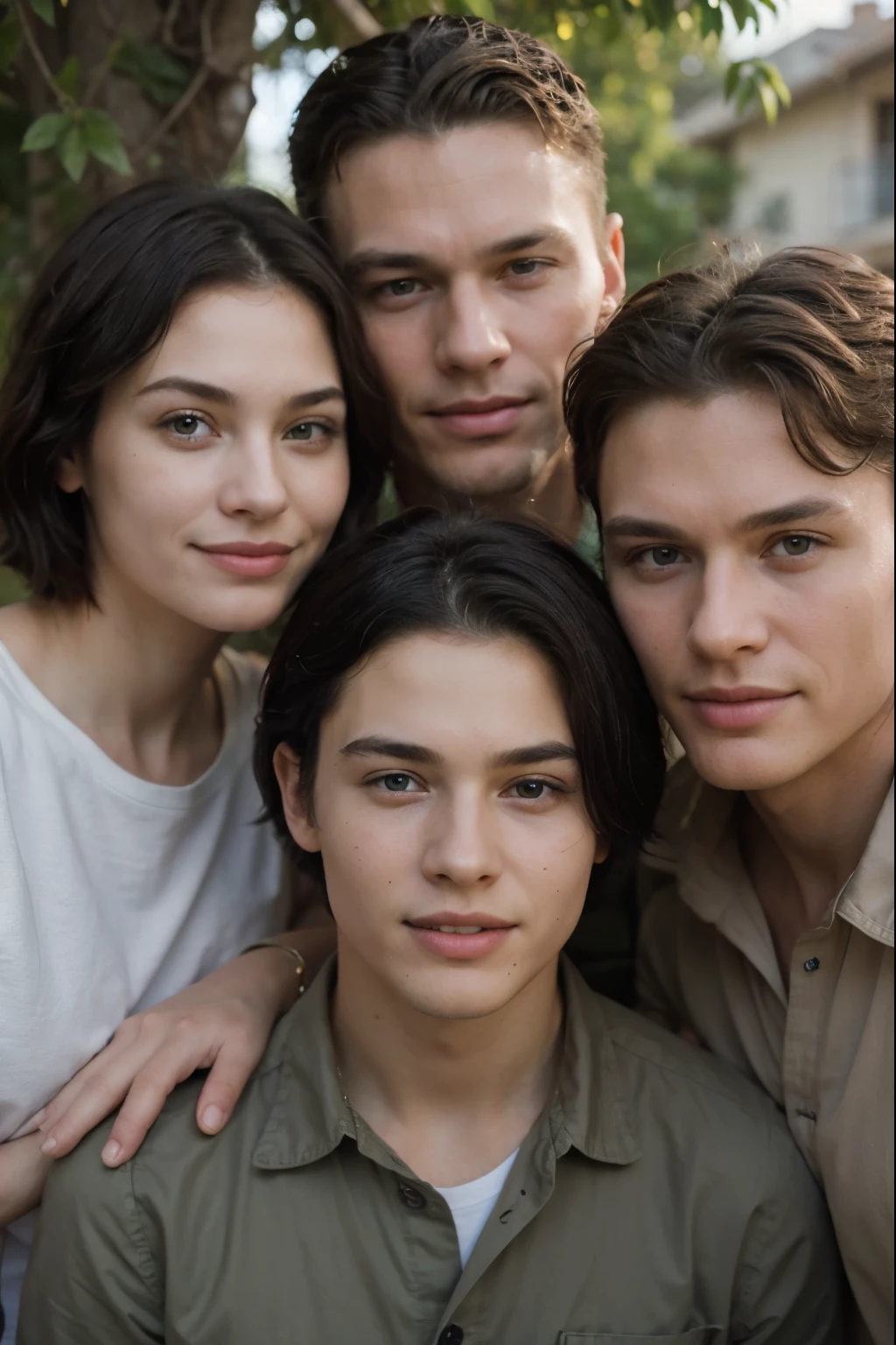((best quality)), ((masterpiece)), (detailed), perfect face. Young boy with very short black hair looks like mix between Alain Delon and Dolph Lundgren. Wearing olive green uniform. There are four other people around him, all smiling. Some are are old and wearing glasses. Family photo, sunlight and bloom.