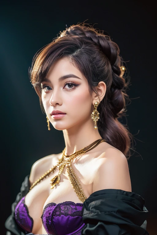 (foto ultra realista, 8k hd, cheio de detalhes nas roupas e no rosto, obra de arte,  Deusa da beleza). Shogun Raider from Genshin Impact is a ???? woman with long, flowing purple hair, que usa uma lingerie ???? altamente detalhada, She wears a jewel on the side of her head adorned with golden details and a jewel in the center. - Ela usa uma roupa roxa e rosa com detalhes dourados, com desenhos ornamentados em ouro. The upper part of the armor is tight to the body, destacando suas curvas. (ela tem ????? longos, ????? enormes e perfeitos emergindo de seu ????, ?????? neckline, ????? pontiagudos), ((micro calcinha transparente mostrando a bucetinha, buceta perfeita)), corpo definido, corpo com curvas, bunda grande e empinada, buceta mostrando, His arms are covered in armored gloves with similar designs in gold and secured to the arm by straps... - A piece of cloth flows from his waist, complementando o visual da armadura. - Her face is very beautiful, She has light pink eyes and a serious expression. - no fundo, there is a dramatic sky full of dark clouds and lightning lighting up the scene. The full moon is also visible between the clouds.