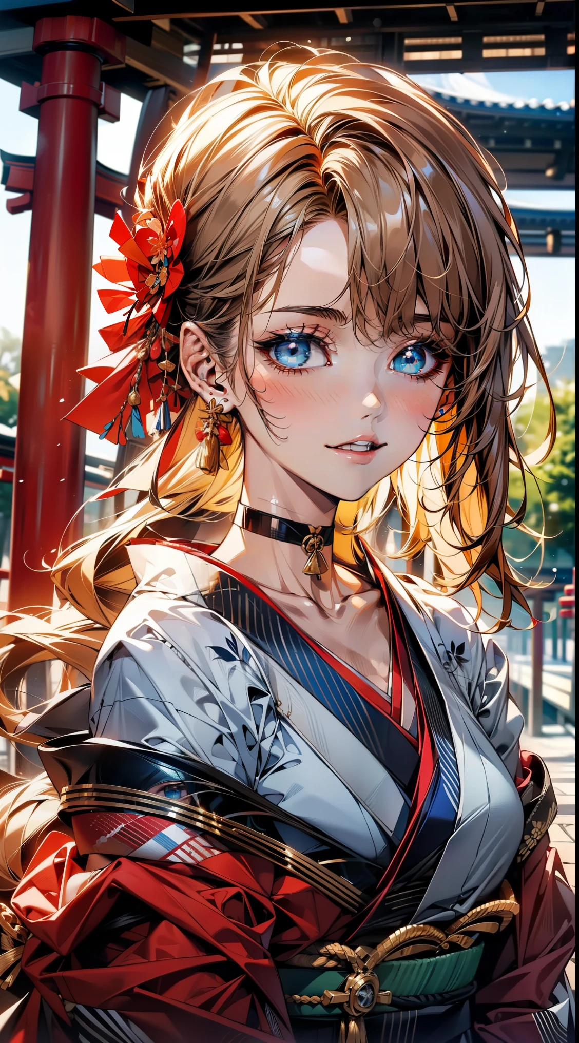 ((Light brown long hair:1.9, wavy hair:1.6, asymmetrical hair:1.8, half up hair)), (shining blue eyes:1.4)beautiful, beautiful woman, perfect anatomy, perfect body, perfect breasts, ((kimono:1.8, choker:1.6)), ((Japan gardens in winter:1.98, torii)), captivating gaze, slight smile, realism, masterpiece, rough skin , Super detailed, high detail, high quality, 最high quality, 1080p, 16k