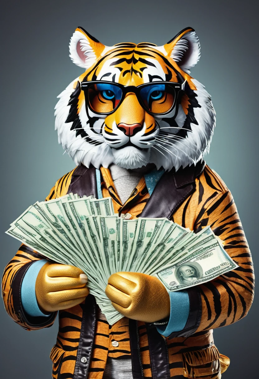 Create a really big cool tiger with several money bills in his hand showing the money wearing glasses with cool clothes