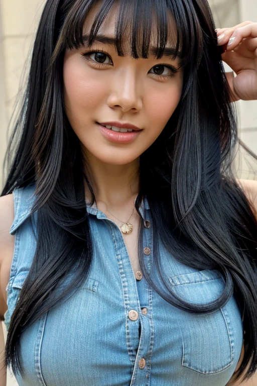  woman ,  long black hair , bangs ,  heavy eyeliner , peach lipstick, large chest , age 31 

, bright colors , model  , mid shot , sleeveless , 

(masterpiece, best quality )detailed, 1Character ,  pastel washed out colors ,  muted shades , sexy thin tight modern outfit weardrobe 