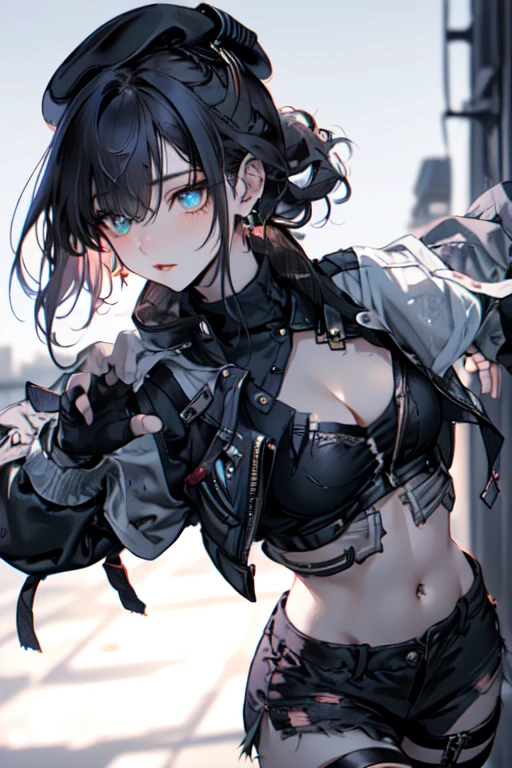 19 years old, (milf:0.8), (solo:1.5), (sfw:1.25), sexy breast, beautiful breasts, (medium tits:0.8), thin waist, big ass:1.0, Raised sexy, (black beret,black military jacket, open clothes, cleavage, midriff, black shorts, black thighhighs, thigh strap, fingerless gloves, single glove:1.2), blue eyes, light smile, big , Revimpling fabric, earrings, Hand gloves, detailed face,(hold a cigarette:1.1),long hair,side ponytail,hair between eyes,bangs,detailed and beautiful eyes,beautiful detailed lips,Rolling her eyes,manner,hair over one eye, (ultra high resolution, 8K RAW photo, photo realistics, thin outline:1.3, clear focus), best qualtiy, natural lighting, textile shading, field depth, (Bright pupils, fine detailed beautiful eyes with highlight:1.3, high detailed face), Red lip, fine realistic skins:1.1, looking down viewers:1.3, (dynamic angle:1.3, front view:1.1, breast focus:1.3, from above:1.2), (dynamic posing:1.5, sexy posing:1.2),Youghal, side lock, hair ornaments,nice,garden background,artistic rendering,Super detailed,(highest quality,4k,8K,High resolution,masterpiece:1.2),Bright colors,studio lighting ,at military base in usa