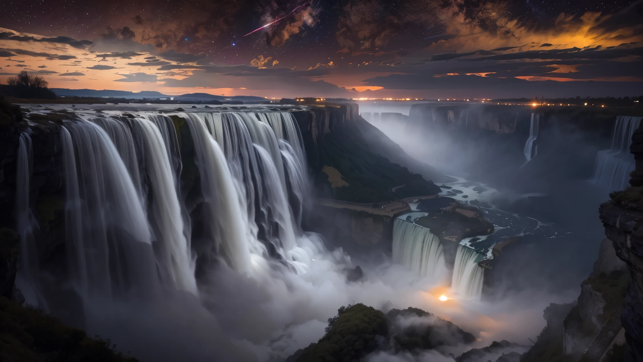 Masterpiece, (total eclipse of the sun:1.2), As the sun's embrace yields to the moon's shadow, Niagara Falls plunges into a cosmic ballet. Darkness envelops the cascades, veiling them in an ethereal mystique. Surreal light dances upon the waters, casting spells of enchantment. A celestial spectacle unfolds, invoking a sense of wonder and awe. Nature's grandeur melds with a touch of magic, weaving dreams into reality. Behold, the convergence of earth, sky, and the unknown, in a moment both fleeting and eternal, 16K, ultra high res.photorealistic, UHD, RAW, wide angle,