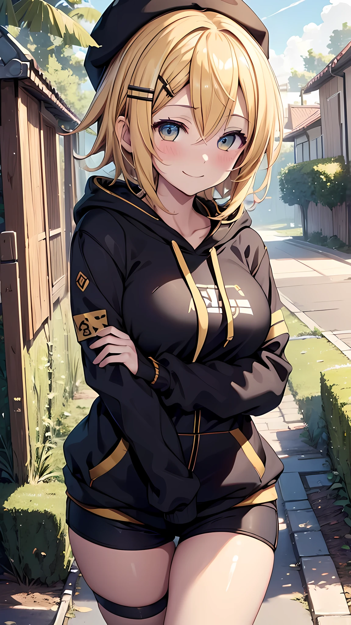 (masterpiece), (highest quality), (illustration), (super detailed), (high resolution), absurdity, one girl, (kagamine-rin), (vocaloid), smile, short hair, hair clip, (hoodie), wearing a hoodie hat, moe sleeves, blush, black shorts, (blonde), (tattoo of the number 02 on the left arm), very cute girl, small, young, delicate, Outdoors, attention to girls, (big breasts),curvy