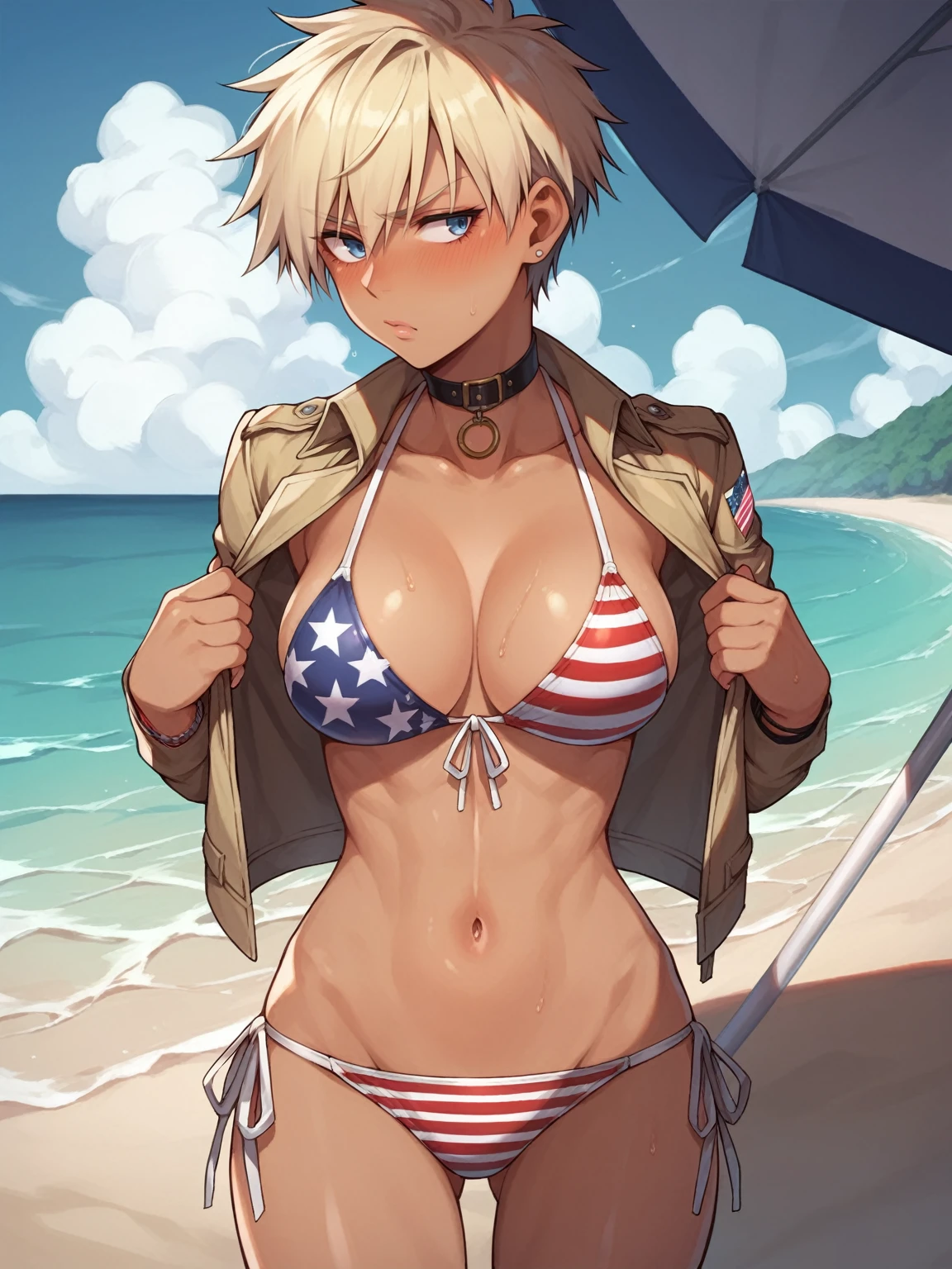 score_9, score_8_up, score_7_up, hellsing,, Seras_victoria, 1girl, solo, outdoors, beach, flag bikini, american flag bikini, American flag, tomboy, shy, blush, gyaru, standing, choker, looking to the side