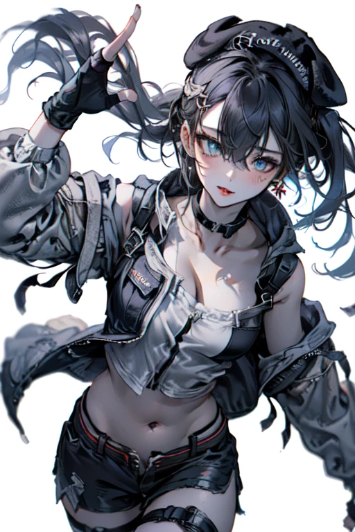 19 years old, (milf:0.8), (solo:1.5), (sfw:1.25), sexy breast, beautiful breasts, (medium tits:0.8), thin waist, big ass:1.0, Raised sexy, (black beret,black military jacket, open clothes, cleavage, midriff, black shorts, black thighhighs, thigh strap, fingerless gloves, single glove:1.2), blue eyes, light smile, big , Revimpling fabric, earrings, Hand gloves, detailed face,(hold a cigarette:1.1),long hair,side ponytail,hair between eyes,bangs,detailed and beautiful eyes,beautiful detailed lips,Rolling her eyes,manner,hair over one eye, (ultra high resolution, 8K RAW photo, photo realistics, thin outline:1.3, clear focus), best qualtiy, natural lighting, textile shading, field depth, (Bright pupils, fine detailed beautiful eyes with highlight:1.3, high detailed face), Red lip, fine realistic skins:1.1, looking down viewers:1.3, (dynamic angle:1.3, front view:1.1, breast focus:1.3, from above:1.2), (dynamic posing:1.5, sexy posing:1.2),Youghal, side lock, hair ornaments,nice,garden background,artistic rendering,Super detailed,(highest quality,4k,8K,High resolution,masterpiece:1.2),Bright colors,studio lighting ,at military base in usa