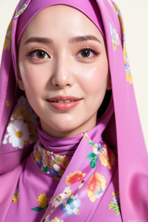 (RAW photo:1.2), (photorealistic:1.4),(masterpiece:1.3),(best quality:1.4),ultra high res,(detailed eyes),(detailed facial features),(detailed clothes features),HDR,8k resolution, skin tight, (((high detailed skin,visible pores))), dreamlike, (ulzzang-6500-v1.1:0.5),pureerosface_v1:0.2, face close-up, 1 girl, tall body, slim faces, body abs:1.2, , 30 years old, gigantic breast, wearing tight close pastel floral silk malay gamis with hijab, full body, beautiful shy smile, wearing high heels