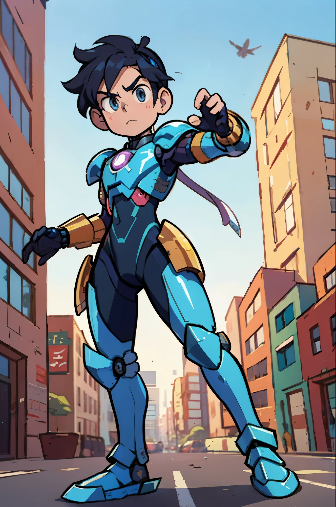 Imagem detalhada de desenho animado de um jovem em um armadura azul e dourado, boy with mecha cybernetic armor, garoto de armadura, nanoboy, hero 2d fanart artsation, cyber fighting armor, megaman, epic comic book style, ciborgue, garoto de anime do futuro, linda garoto ciborgue, cyber suit, terno mecha, android hero