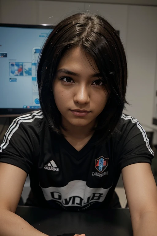 Melhor qualidade: 1.0), (super high resolution: 1.0), anime, cabelo preto curto, olhos azuis, sentado na frente do computador jogando, background in the esports room,