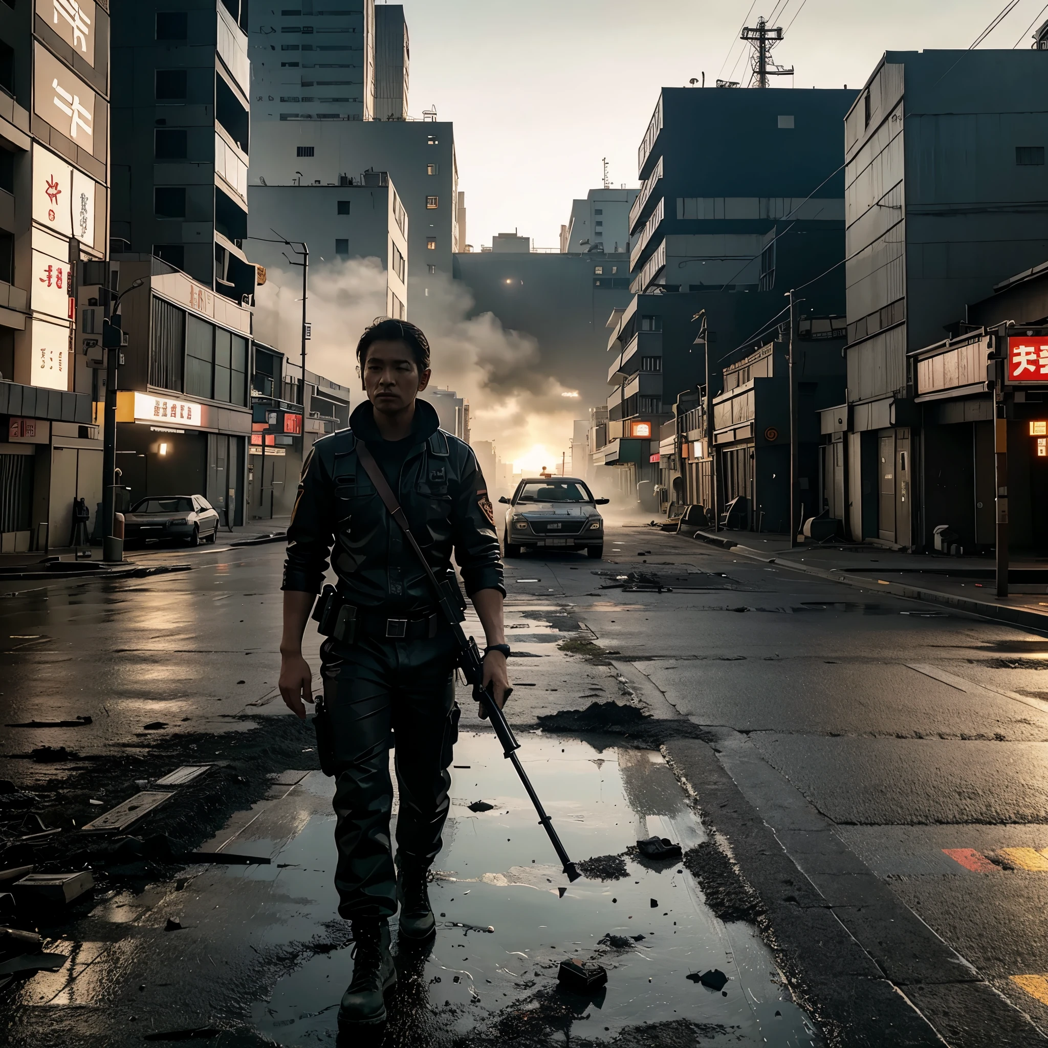 GROUND VIEW, HYPER REALIST, A LONELY JAPONESE MILITARY WITH A GUN, STANDS ON STREET OF A POST-APOCALYPSE RUINED AS DESTROYED TOKYO CITY, WALK POSE,  HOSTILE ENVIRONMENT,  IMPACTFUL VISUAL DESTRUCTION, STYLE THE LAST OF US, OUTDOOR PHOTO, CINEMATIC LIGHTS, SUN RISE, FANTASY, UNREAL ENGINE, AWARD ART, MASTERPIECE DIGITAL ART, trending on artstation, UHD, 8K, BY NAUGHTY DOG.