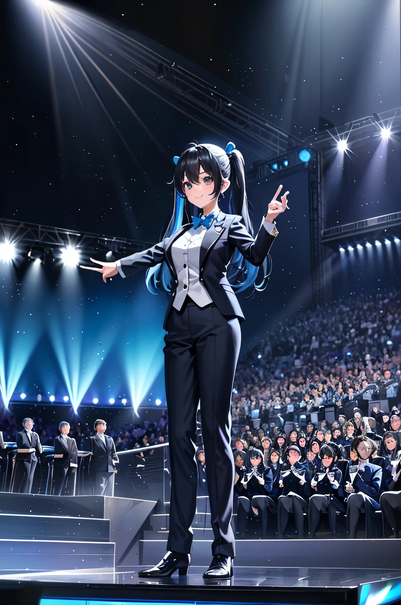 Blue Slacks Tuxedo、Orchestra in the background、A spectacular musical stage、light blue long hair、Beautiful girl with twin tails、black eyes、adorable smile、cool look、Big Stage、breast enhancement、A packed audience、Gorgeous rainbow lighting、stage lighting、