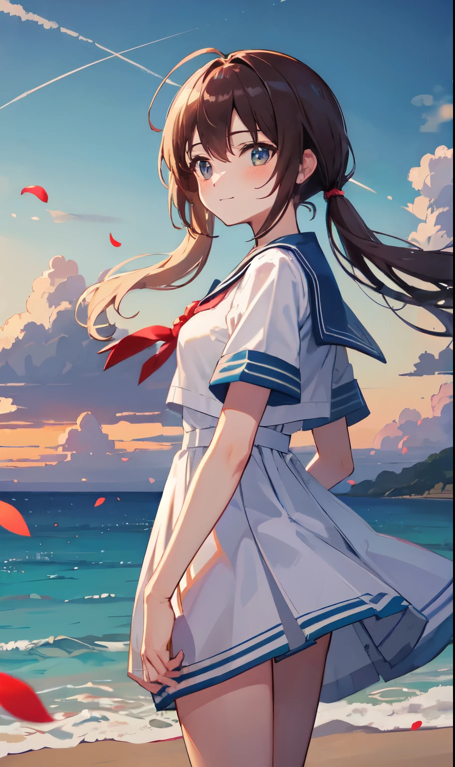 (highest quality, HDR, masterpiece, 8K, super detailed:1.2), cinematic angle, shine, shiny skin, Backlight, particles of light,
outdoor, Day, まだらのDay差し, Ocean, beach, skyline, blue sky, beautiful clouds, gradation sky, contrail,
1 girl, alone, cowboy shot, slight smile, blush, from below, floating hair, Wind, petal、sailor suit、twin tails