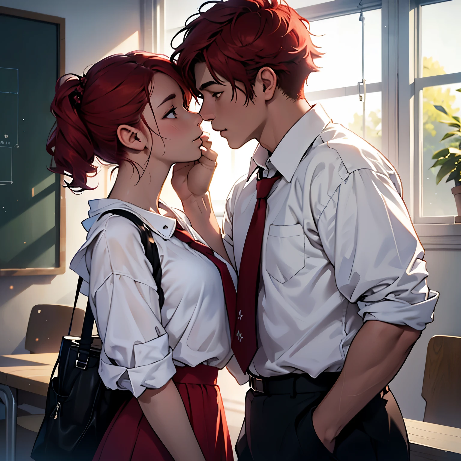 Girl and boy standing together, Chica tocando la cara del chico. chica larga, cabello purpura, Y un corto juvenil, cabello rojo. They are both dressed in white school shirts.. se acercan mucho  besan de pie en el aula. CHICO CON EL PELO CORTO Y morado. the girl has red hair they are 16 years old the kiss. boy is shy

(material:illustration),(Mejor calidad,high resolution,obra maestra:1.2),ultra detallado,(realista,Fotorrealista,fotorrealista:1.37) 

(estilo de:en toda su altura),(vivid colors),(tonos de colores suaves) 

(luz:soft lighting),(bokeh).