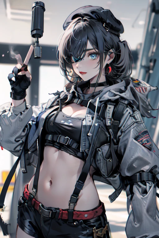  19 years old, (milf:0.8), (solo:1.5), (sfw:1.25), sexy breast, beautiful breasts, (medium tits:0.8), thin waist, big ass:1.0, Raised sexy, (black beret,black military jacket, open clothes, cleavage, midriff, black shorts, black thighhighs, thigh strap, fingerless gloves, single glove:1.2), blue eyes, light smile, big , Revimpling fabric, earrings, Hand gloves, detailed face,(hold a cigarette:1.1),long hair,side ponytail,hair between eyes,bangs,detailed and beautiful eyes,beautiful detailed lips,Rolling her eyes,manner,hair over one eye, (ultra high resolution, 8K RAW photo, photo realistics, thin outline:1.3, clear focus), best qualtiy, natural lighting, textile shading, field depth, (Bright pupils, fine detailed beautiful eyes with highlight:1.3, high detailed face), Red lip, fine realistic skins:1.1, looking down viewers:1.3, (dynamic angle:1.3, front view:1.1, breast focus:1.3, from above:1.2), (dynamic posing:1.5, sexy posing:1.2),Youghal, side lock, hair ornaments,nice,garden background,artistic rendering,Super detailed,(highest quality,4k,8K,High resolution,masterpiece:1.2),Bright colors,studio lighting ,at military base in usa
