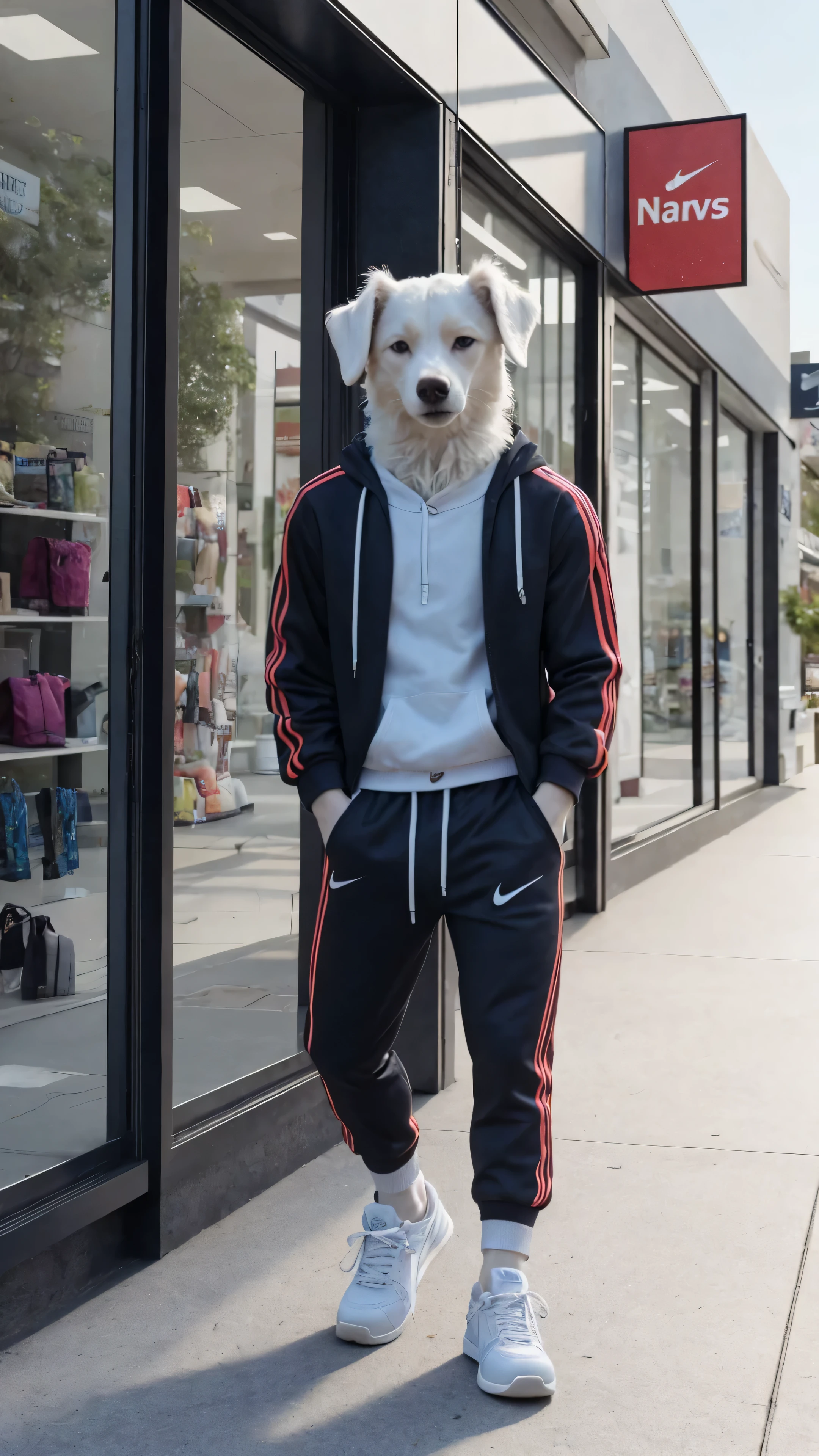 A little white dog is dressed in a white Nike tracksuit and white sneakers, outside a store..