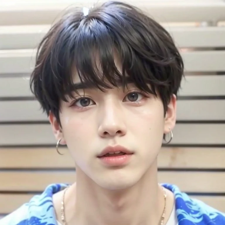 un primer plano de una persona con un collar y un collar, jungkook, Cai Xu Kun, yoongi de pelo negro, foto de perfil en la cabeza, jinyoung shin, inspirado en Kun Can, hyung tae, kim doyoung, 1 7--old with a thin face, El chico tiene el pelo negro corto., kim taejin, taken in the early 2020s, con el mismo peinado