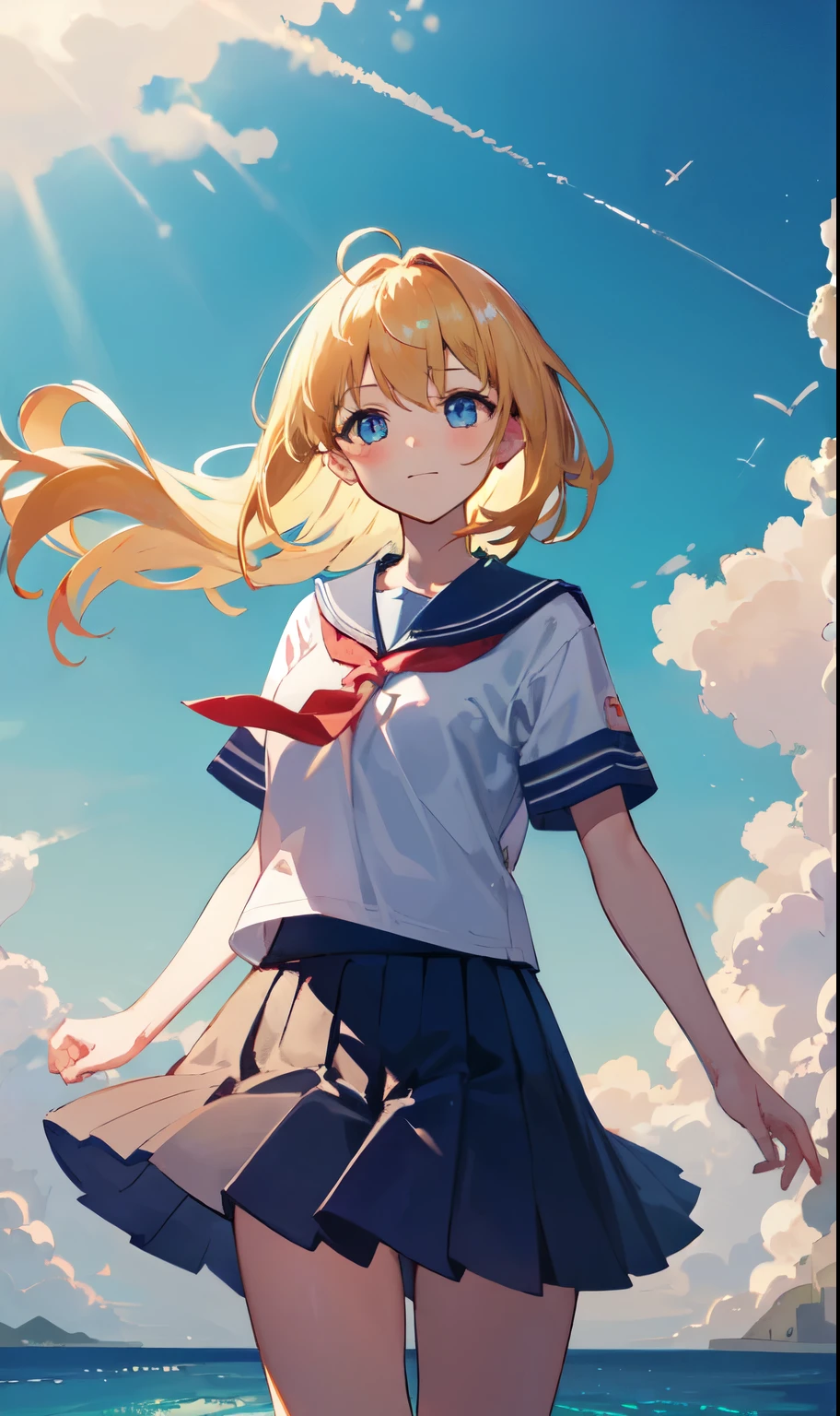 (highest quality, HDR, masterpiece, 8K, super detailed:1.2), cinematic angle, shine, shiny skin, Backlight, particles of light,
outdoor, Day, まだらのDay差し, Ocean, beach, skyline, blue sky, beautiful clouds, gradation sky, contrail,
1 girl, alone, cowboy shot, slight smile, blush, from below, floating hair, Wind,sailor suit、blonde、blue eyes