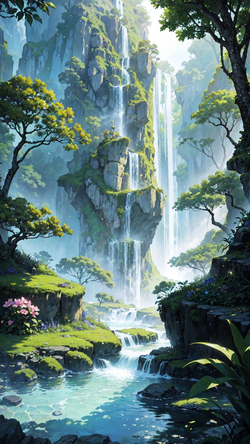 masterpiece, best quality, ultra high res, ultra-detailed, beautiful, tropical rainforest, vibrant flowers, serene landscape