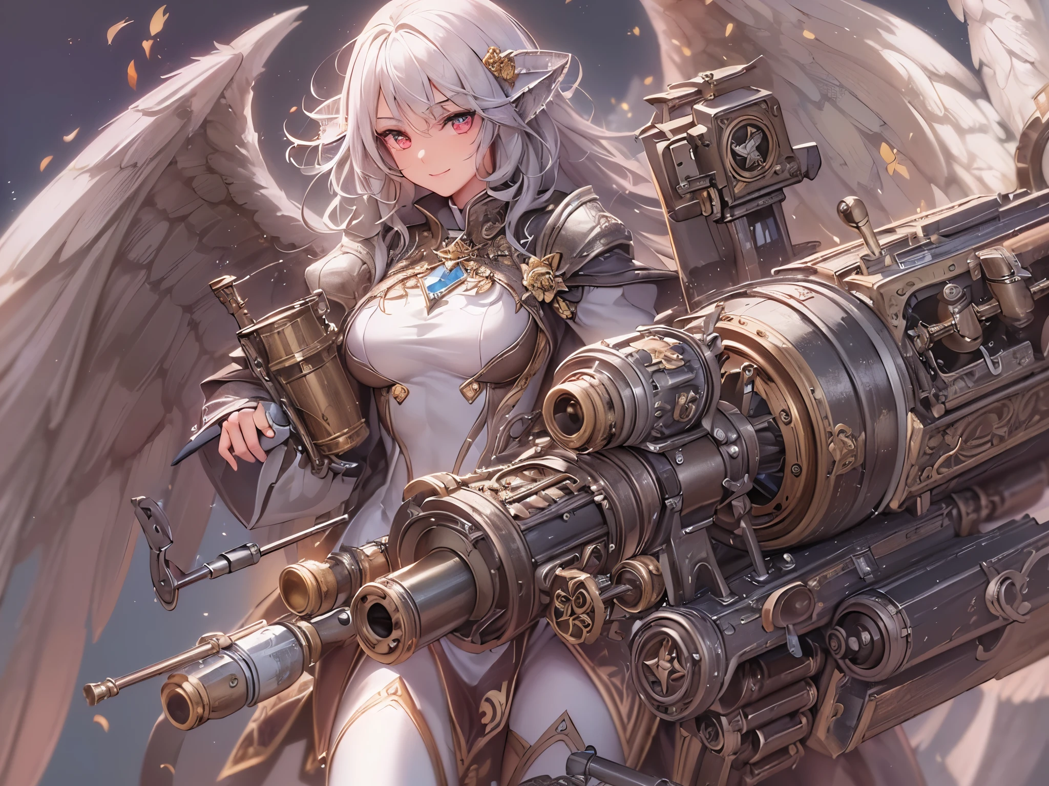 ((highest quality)),(ultra high resolution),(Super detailed),(detailed description),((The best CG)),(best work of art),super precision art,amazing drawing art,(Fantasy art with intricate detail:1.5), (Female angels:1.8),(beautiful and well-shaped face:1.5),smile:1.3,(gatling gun:1.6)