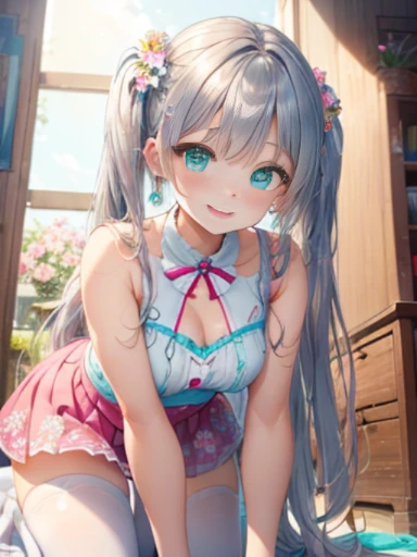 小さなgirl、The arrival of spring、pantyhose、thick thighs、thick thighs、thick thighs、 (alone:1.5,)Super detailed,bright colors, very beautiful detailed anime face and eyes, ,show your butt, shiny_skin,girl, ((silver long hair,Inner color is red 、forehead is exposed.、green eyes、、shiny hair, delicate beautiful face, blush、(turquoise eyes), White skin, Valletta, earrings,、blue flower field、(((Floral pink outfit、white mini skirt)))、twin tails、smile、happy face、face dyed red、crawl on all fours