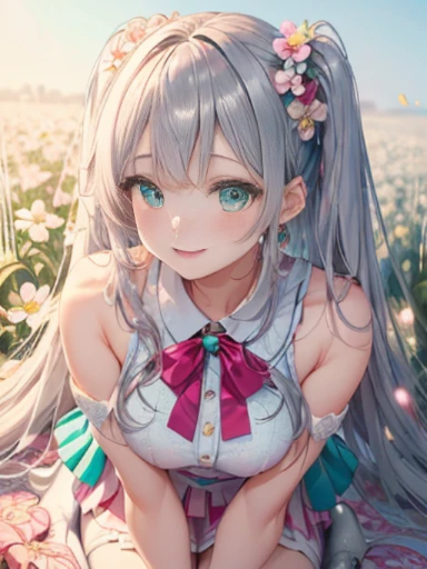 小さなgirl、The arrival of spring、pantyhose、thick thighs、thick thighs、thick thighs、 (alone:1.5,)Super detailed,bright colors, very beautiful detailed anime face and eyes, ,show your butt, shiny_skin,girl, ((silver long hair,Inner color is red 、forehead is exposed.、green eyes、、shiny hair, delicate beautiful face, blush、(turquoise eyes), White skin, Valletta, earrings,、blue flower field、(((Floral pink outfit、white mini skirt)))、twin tails、smile、happy face、face dyed red、crawl on all fours