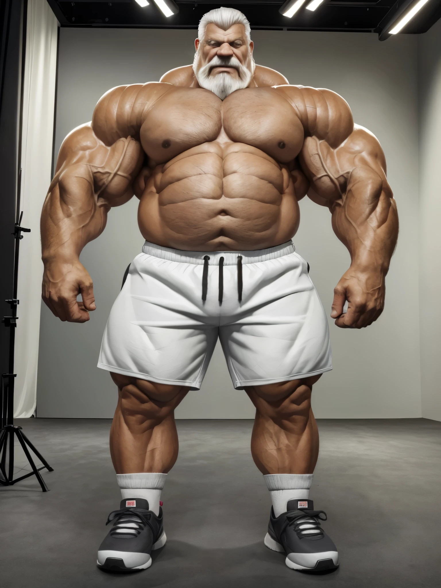 vector, mwvector, (best quality,4k,8k,highres,masterpiece:1.2),ultra-detailed,(realistic,photorealistic,photo-realistic:1.37),((massive muscular)) ((huge Muscular)) chubby old man standing in photo studio , shorts and shoes, white hair, super thick arms, super big pectoral, super wide pectoral, topless, shirtless
