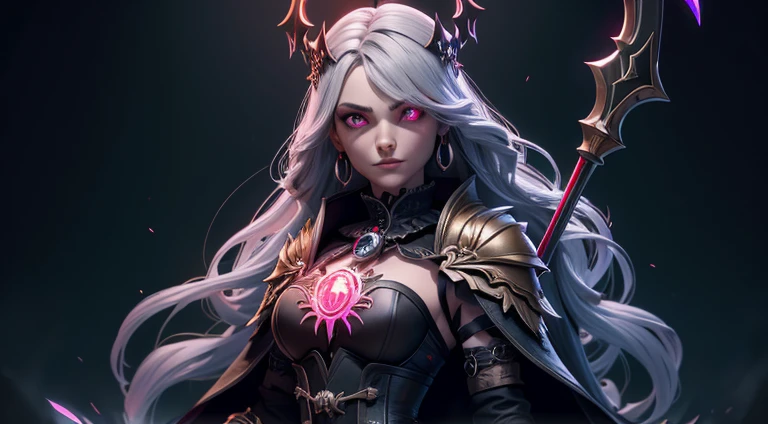 upper woman necromancer in ornate black armor, skull makeup, red collar, pauldrons, breastplate, corset, glowing halo, single braid, gray hair, green glowing eyes, bright pupils, eye focus, red cape, temple indoors, stained glass windows, night, moonlight, particles, light beam, chromatic aberration, left hand on hips, bone scythe