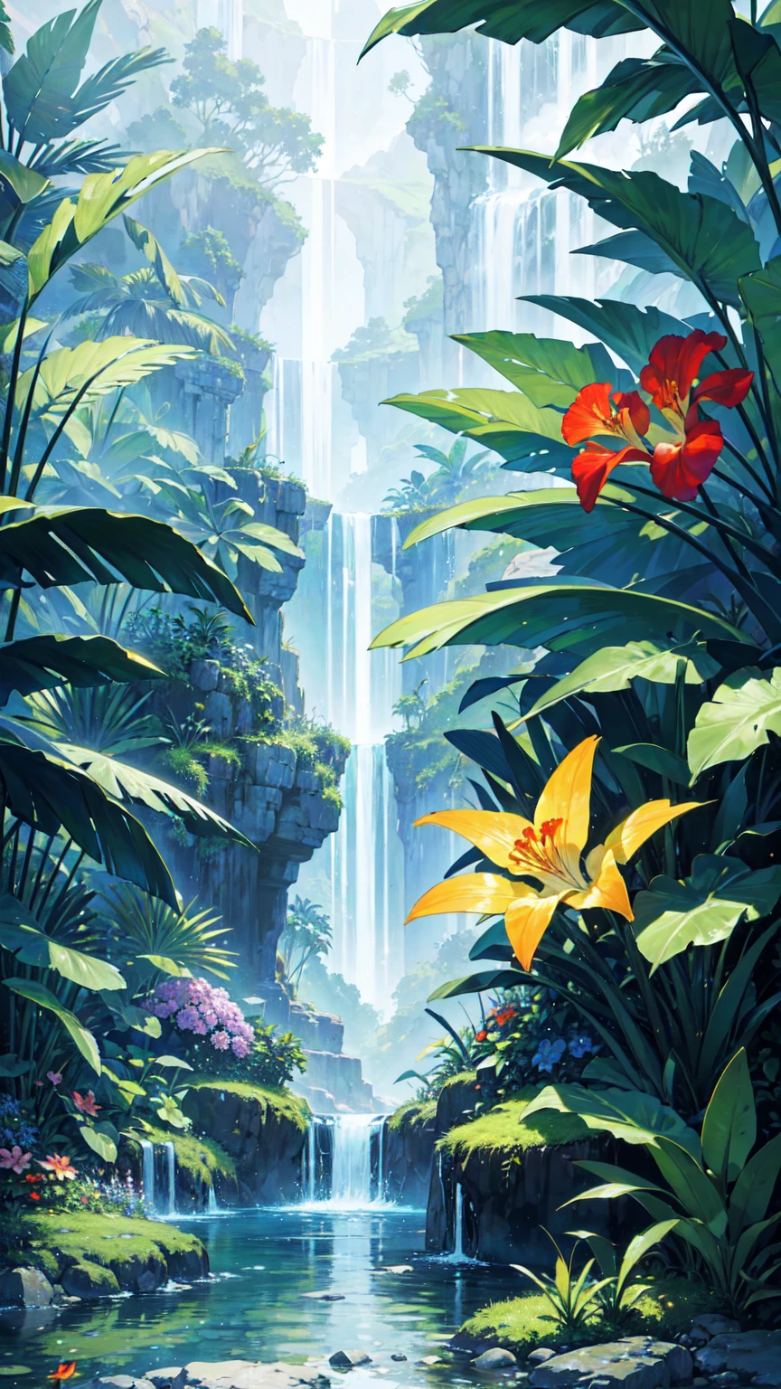 masterpiece, best quality, ultra high res, ultra-detailed, beautiful, tropical rainforest, vibrant flowers, serene landscape