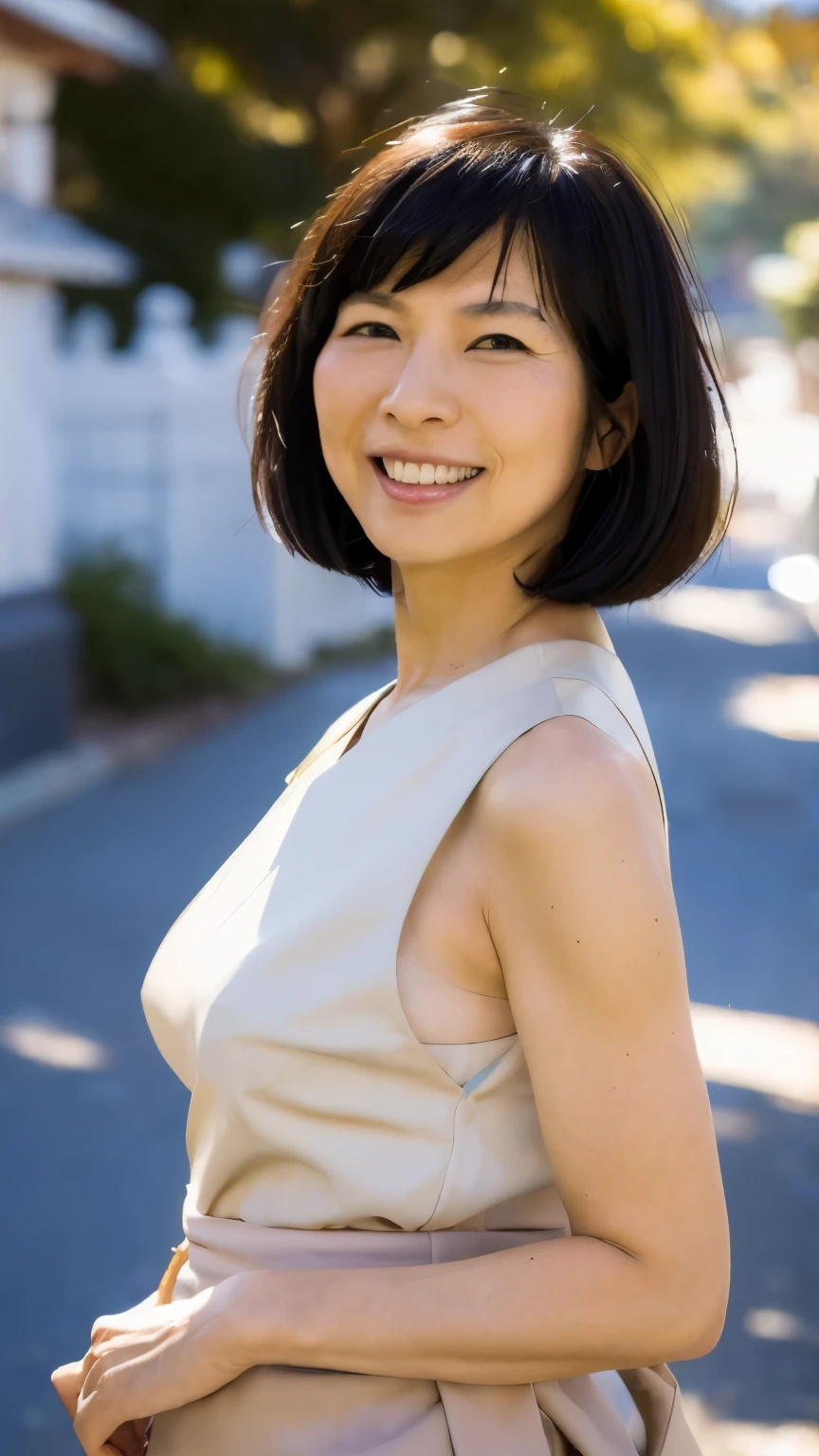 ((Top Quality)), ((8K)), ((Masterpiece: 1.3)), (Perfect Appearance), (Photorealism: 1.6), (Japanese woman walking in the precincts of a shrine), (A shrine where cherry blossoms bloom), japanese woman, (60 years old), raise the corners of your mouth and smile, The gaze is looking diagonally upward to the right., short hairstyle, (whole bod: 1.6), low angle