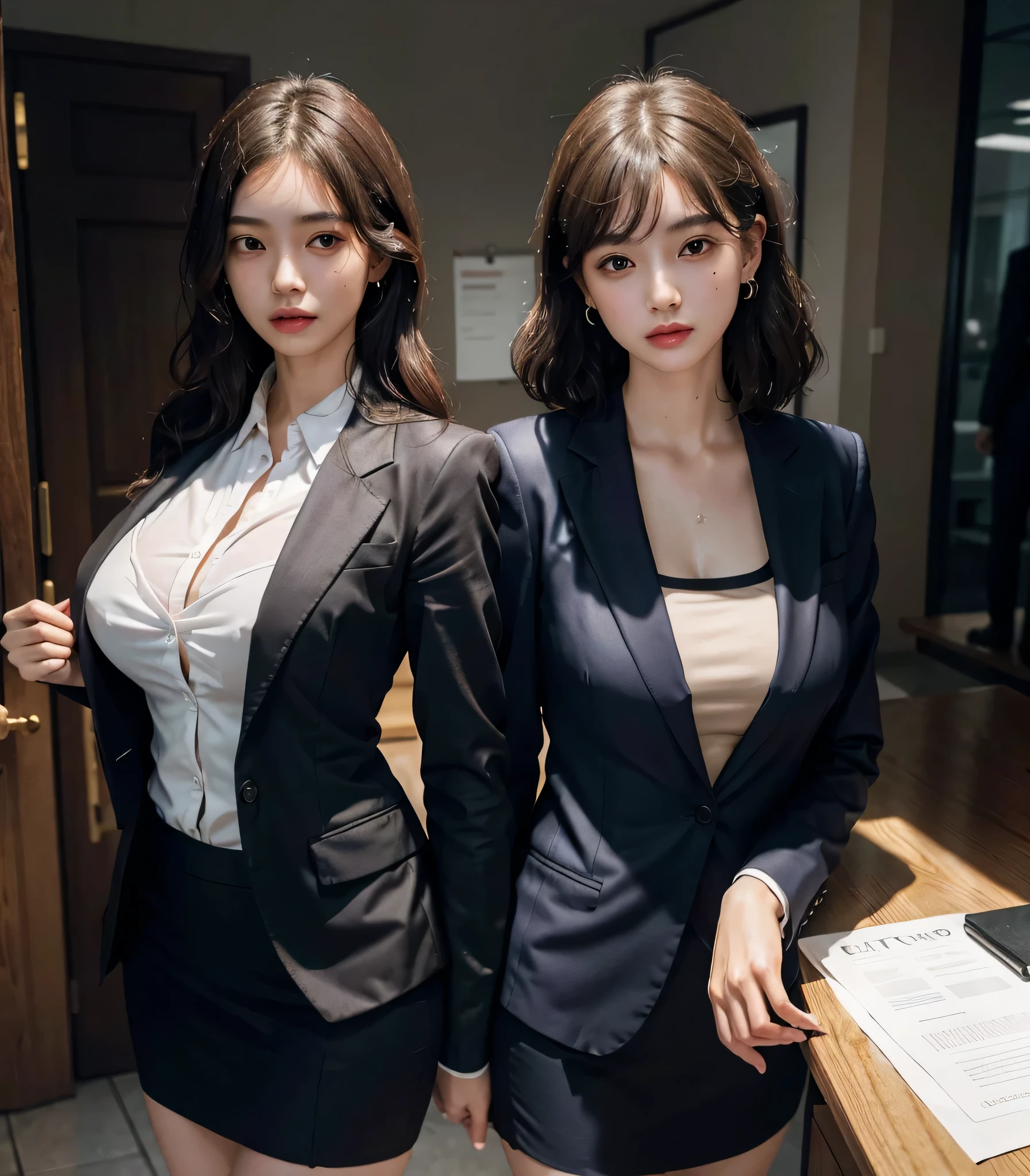 absurdres, (RAW photo), (extremely delicate and beautiful), (masterpiece), (Best Quality), (ultra high resolution), (32k), (hyperrealistic), (ultra-detailed), (perfect anatomy:1.2), perfect figure, super Detailed skin, Very detailed CG 8k wallpaper, 30 years old, very Slim body, narrow waist, very small head, very small face, delicate facial features, tearful mole, earring, thin legs, (very huge round breasts:1.2), (2 girls:1.3), (full body shot), short hair, (wavy hair:1.2), wet clothes, (business suit:1.4), (shirt), short skirt, (blazer),