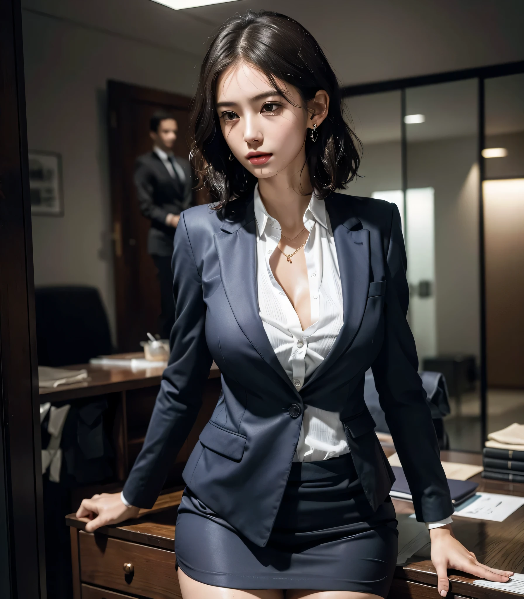 absurdres, (RAW photo), (extremely delicate and beautiful), (masterpiece), (Best Quality), (ultra high resolution), (32k), (hyperrealistic), (ultra-detailed), (perfect anatomy:1.2), perfect figure, super Detailed skin, Very detailed CG 8k wallpaper, 30 years old, very Slim body, narrow waist, very small head, very small face, delicate facial features, tearful mole, earring, thin legs, (very huge round breasts:1.2), (full body shot), short hair, (wavy hair:1.2), wet clothes, (business suit:1.4), (shirt), short skirt, (blazer),