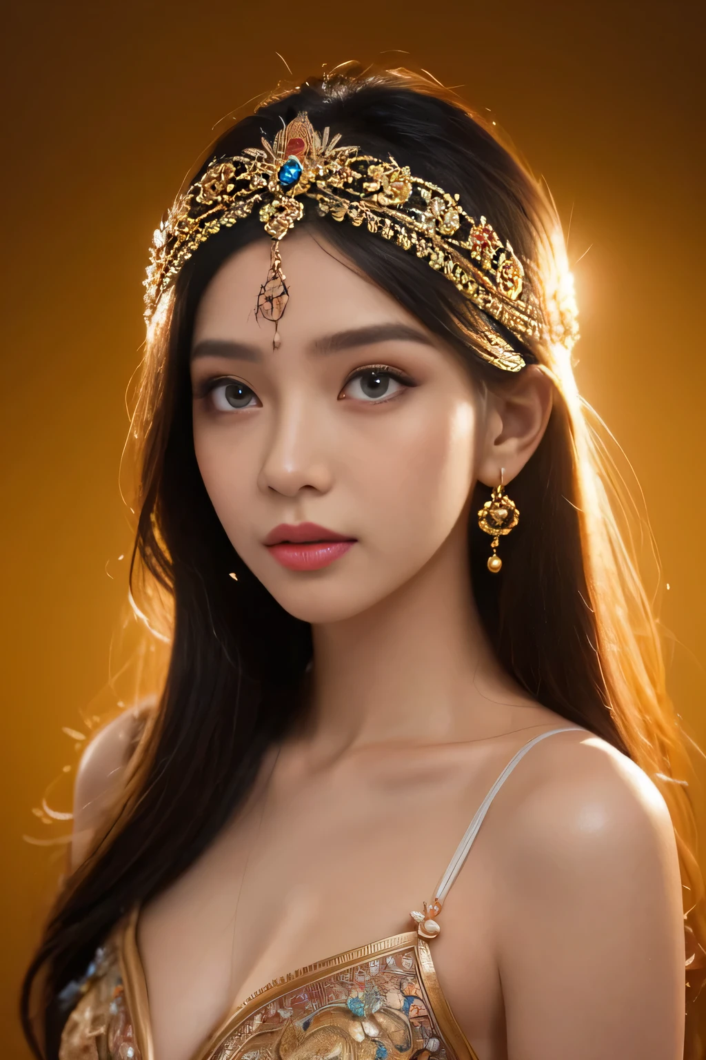 best quality, ultra-detailed, portrait, Indonesian, vien on titties, boob, small nipple, beautiful detailed eyes, beautiful detailed lips, long hair, feminine, traditional headpiece, ornaments, rich colors, bright background, studio lighting