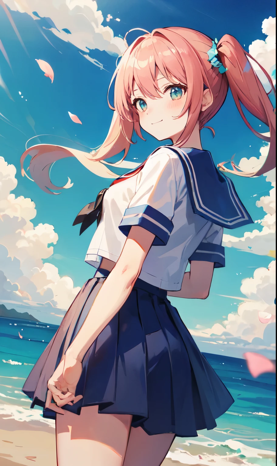 (highest quality, HDR, masterpiece, 8K, super detailed:1.2), cinematic angle, shine, shiny skin, Backlight, particles of light,
outdoor, Day, まだらのDay差し, Ocean, beach, skyline, blue sky, beautiful clouds, gradation sky, contrail,
1 girl, alone, cowboy shot, slight smile, blush, from below, floating hair, Wind, petal、twin tails、sailor suit