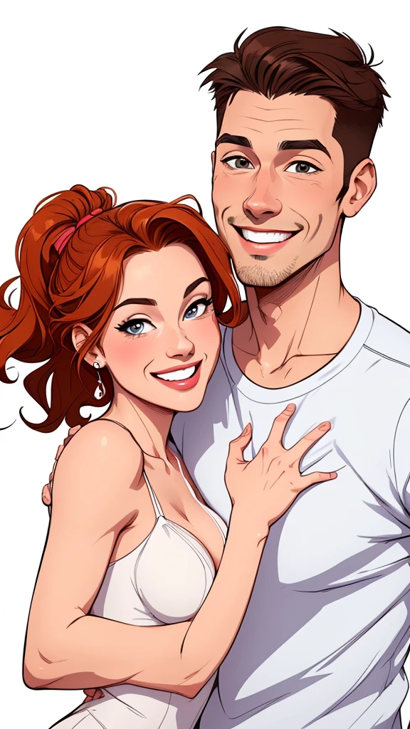 Happy man and woman couple with beautiful smile Cartoon style digital illustration white background PIN UP style 40s clothes on the couple