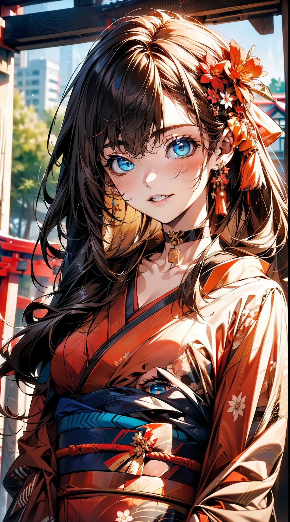 ((Light brown long hair:1.9, wavy hair:1.6, asymmetrical hair:1.8, half up hair)), (shining blue eyes:1.4)beautiful, beautiful woman, perfect anatomy, perfect body, perfect breasts, ((kimono:1.8, choker:1.6)), ((Japan gardens in winter:1.98, torii)), captivating gaze, slight smile, realism, masterpiece, rough skin , Super detailed, high detail, high quality, 最high quality, 1080p, 16k