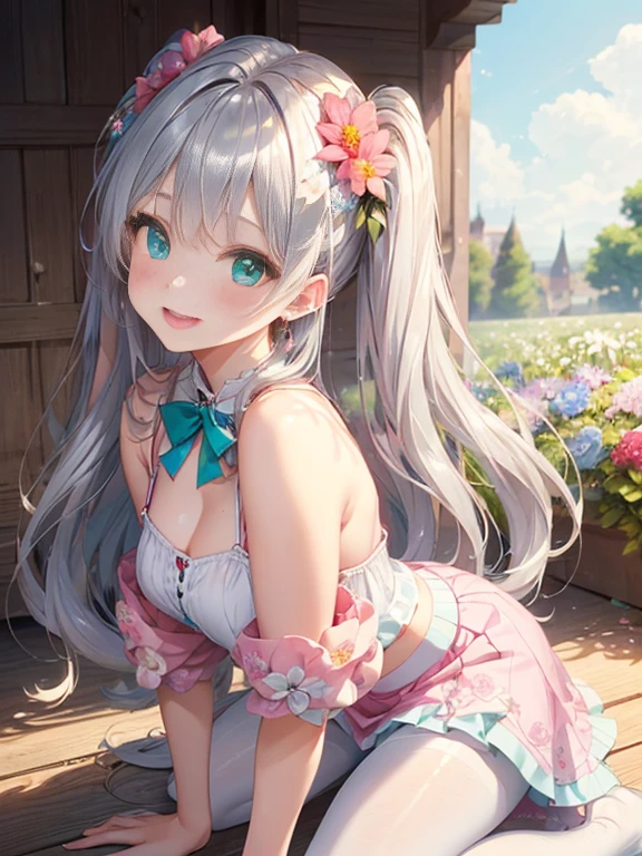 小さなgirl、The arrival of spring、Photograph from the side、backwards、pantyhose、thick thighs、thick thighs、thick thighs、 (alone:1.5,)Super detailed,bright colors, very beautiful detailed anime face and eyes, look straight, ;d, shiny_skin,girl, ((silver long hair,Inner color is red 、forehead is exposed.、green eyes、、shiny hair, delicate beautiful face, blush、(turquoise eyes), White skin, Valletta, earrings,、blue flower field、(((Floral pink outfit、white mini skirt)))、twin tails、smile、happy face、face dyed red、crawl on all fours