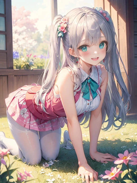 小さなgirl、The arrival of spring、Photograph from the side、backwards、pantyhose、thick thighs、thick thighs、thick thighs、 (alone:1.5,)Super detailed,bright colors, very beautiful detailed anime face and eyes, look straight, ;d, shiny_skin,girl, ((silver long hair,Inner color is red 、forehead is exposed.、green eyes、、shiny hair, delicate beautiful face, blush、(turquoise eyes), White skin, Valletta, earrings,、blue flower field、(((tight、Small in size、Floral pink outfit、white mini skirt)))、twin tails、smile、happy face、face dyed red、crawl on all fours