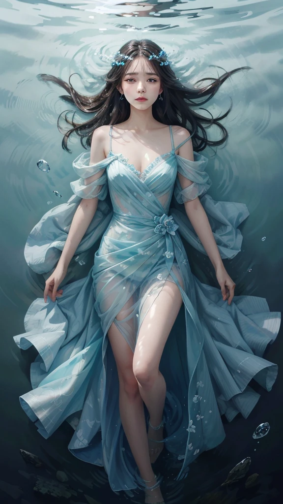 best quality，masterpiece，ultra high resolution，（Realism：1.4），RAW photos，cold light，woman wearing transparent dress underwater，Full body image，wallpaper anime blue water，Gurwitz-style artwork，Close-up fantasy of water magic，author：Yang Jie，Gurwitz，A beautiful artistic illustration，Water Nymphs，Beautiful digital artwork，Beautiful digital illustration，Li Song，A beautiful anime portrait，Bovo&#39;s art style