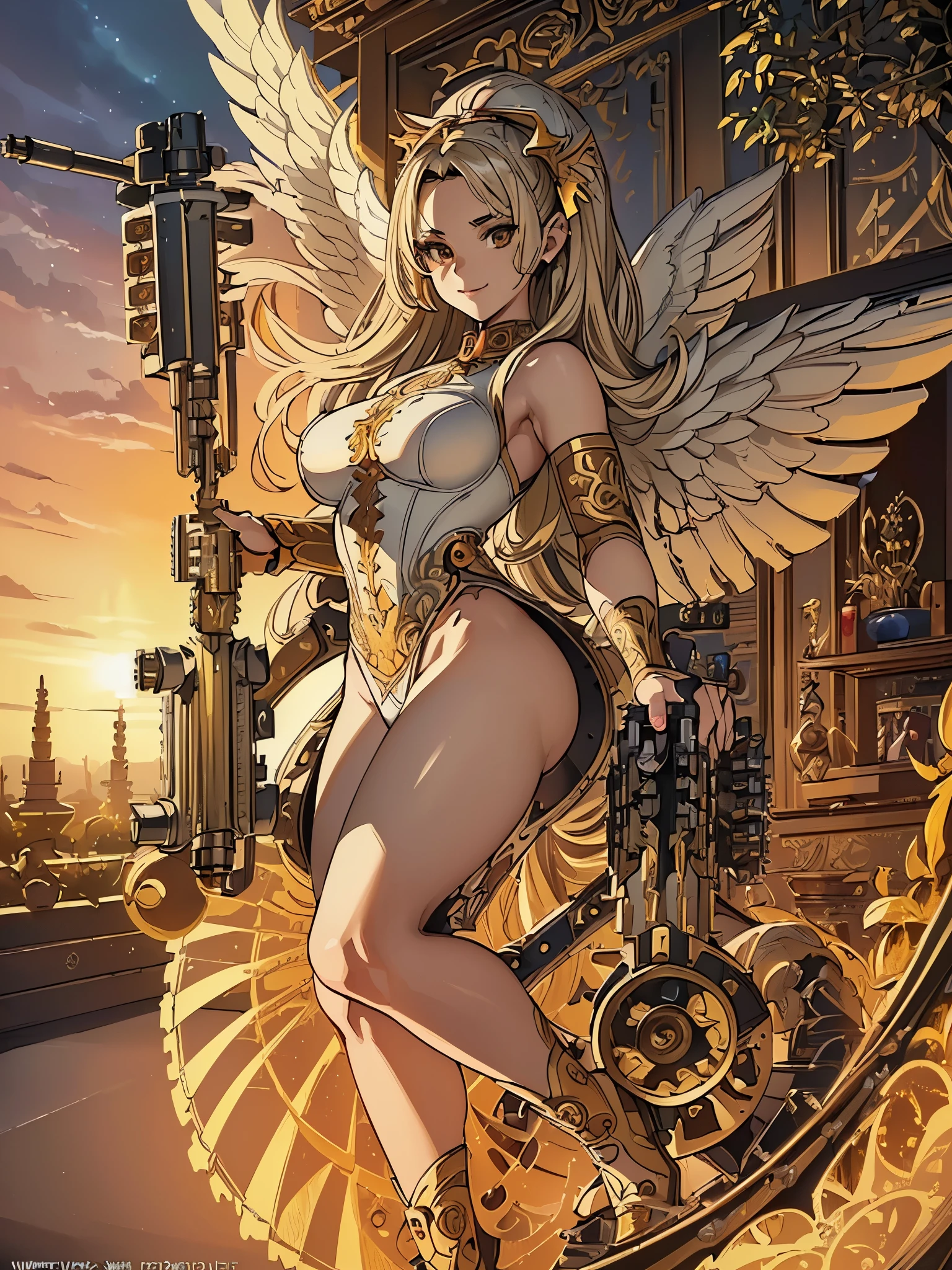 ((highest quality)),(ultra high resolution),(Super detailed),(detailed description),((The best CG)),(best work of art),super precision art,amazing drawing art,(Fantasy art with intricate detail:1.5), (Female angels:1.8),(beautiful and well-shaped face:1.5),smile:1.3,(gatling gun:1.6)