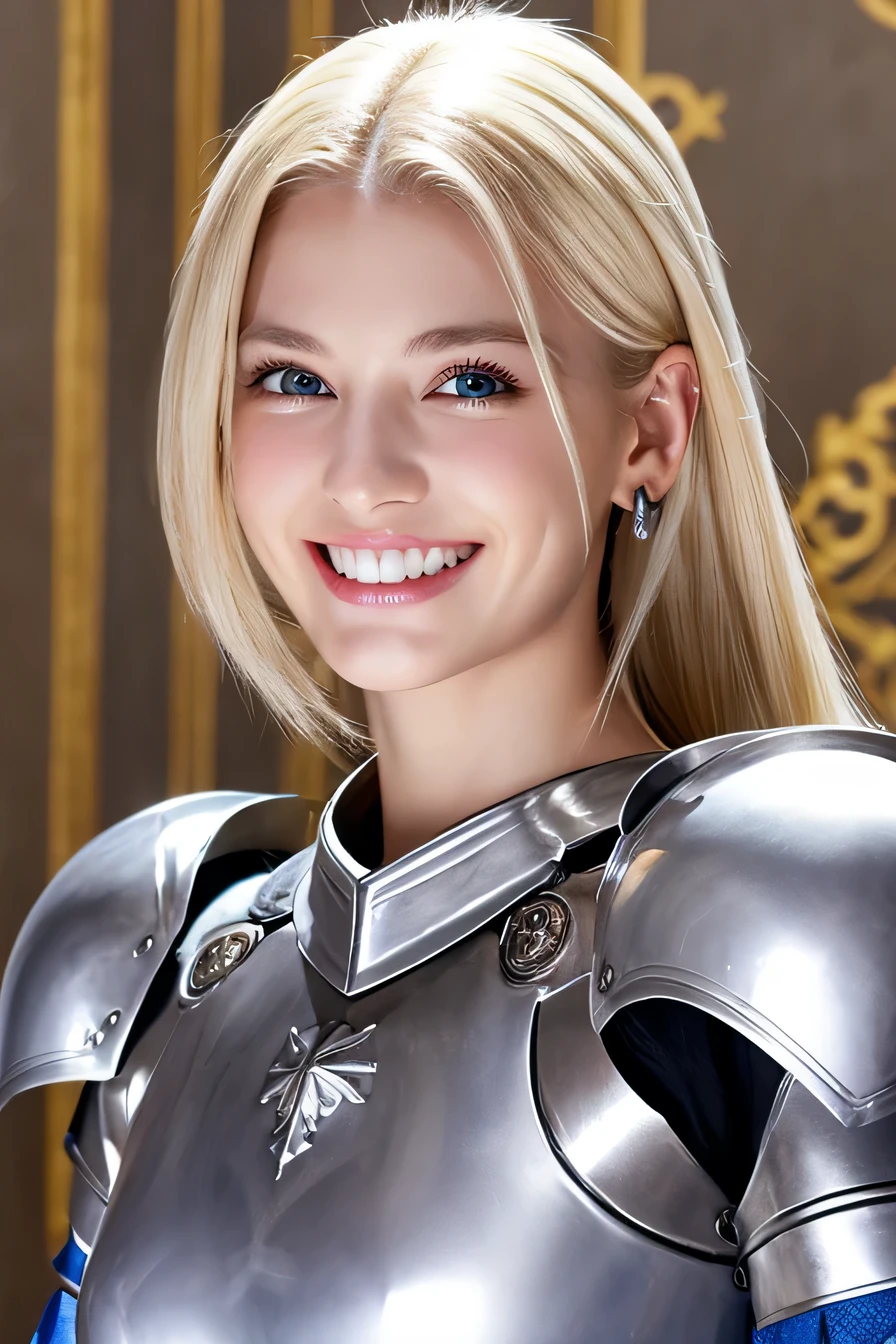 ８ｋ、female knight、The background is a room in a castle.、Luxurious Silver Armor、full body photo、hairstyle shortcut、smile、beautiful teeth、ear piercing、white woman、blonde hair、blue eyes、heavy makeup、